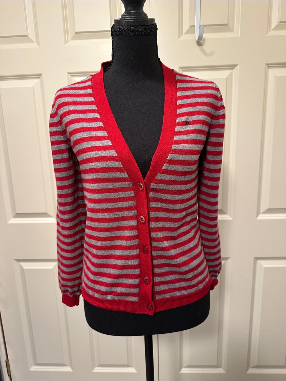 Women's Striped V-Neck Cardigan in Red and Gray